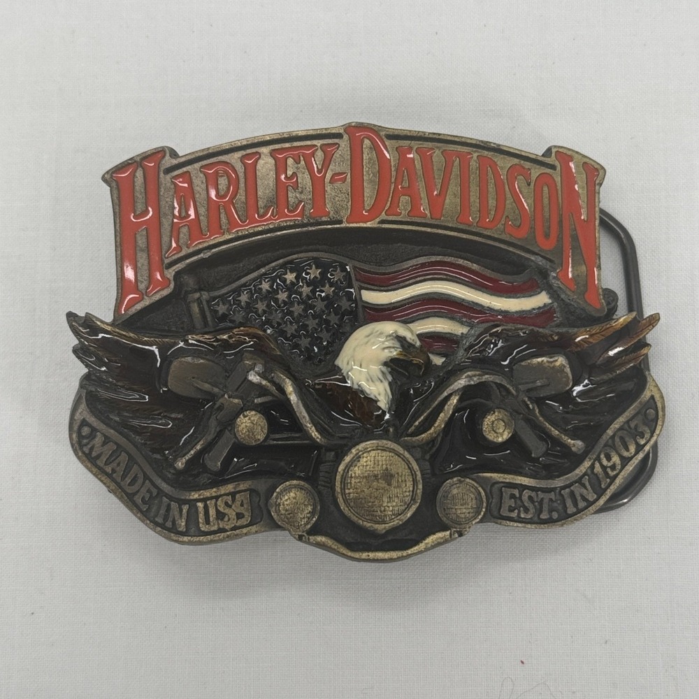 Vintage 1991 Harley Davidson Belt Buckle Baron USA Eagle Flag Motorcycle H402